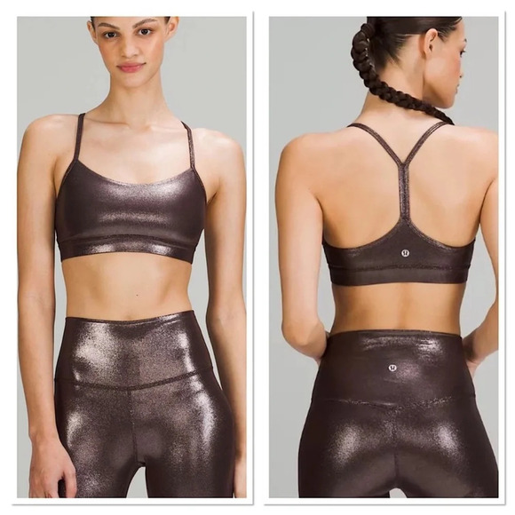 LULULEMON FlowY Nulu Shine Sports Bra Bralette Chocolate brown Silver Size 2 B36 - Picture 1 of 4